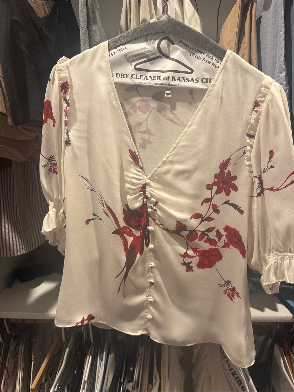 Joie Cream Blouse with Red Floral Print and Ruched V-Neck